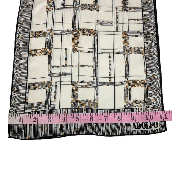 Adolfo Vintage Plaid Print Silk Scarf in Cream/Black - Picture 7 of 7